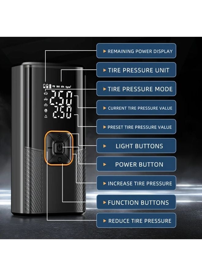 ضاغط الهواء المحمول الأسود 150 رطل لكل بوصة مربعة مضخة الإطارات مقياس رقمي ضوء LED شحن USB - Image 3